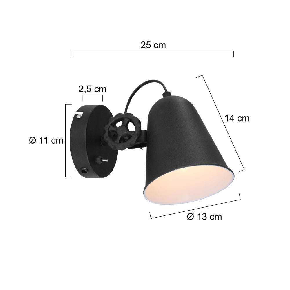 Industrielle Wandleuchte Anne DOLPHIN series NOIR E27 LED Strahler verstehllbar, Kippschalter an der Leuchte Schwarz